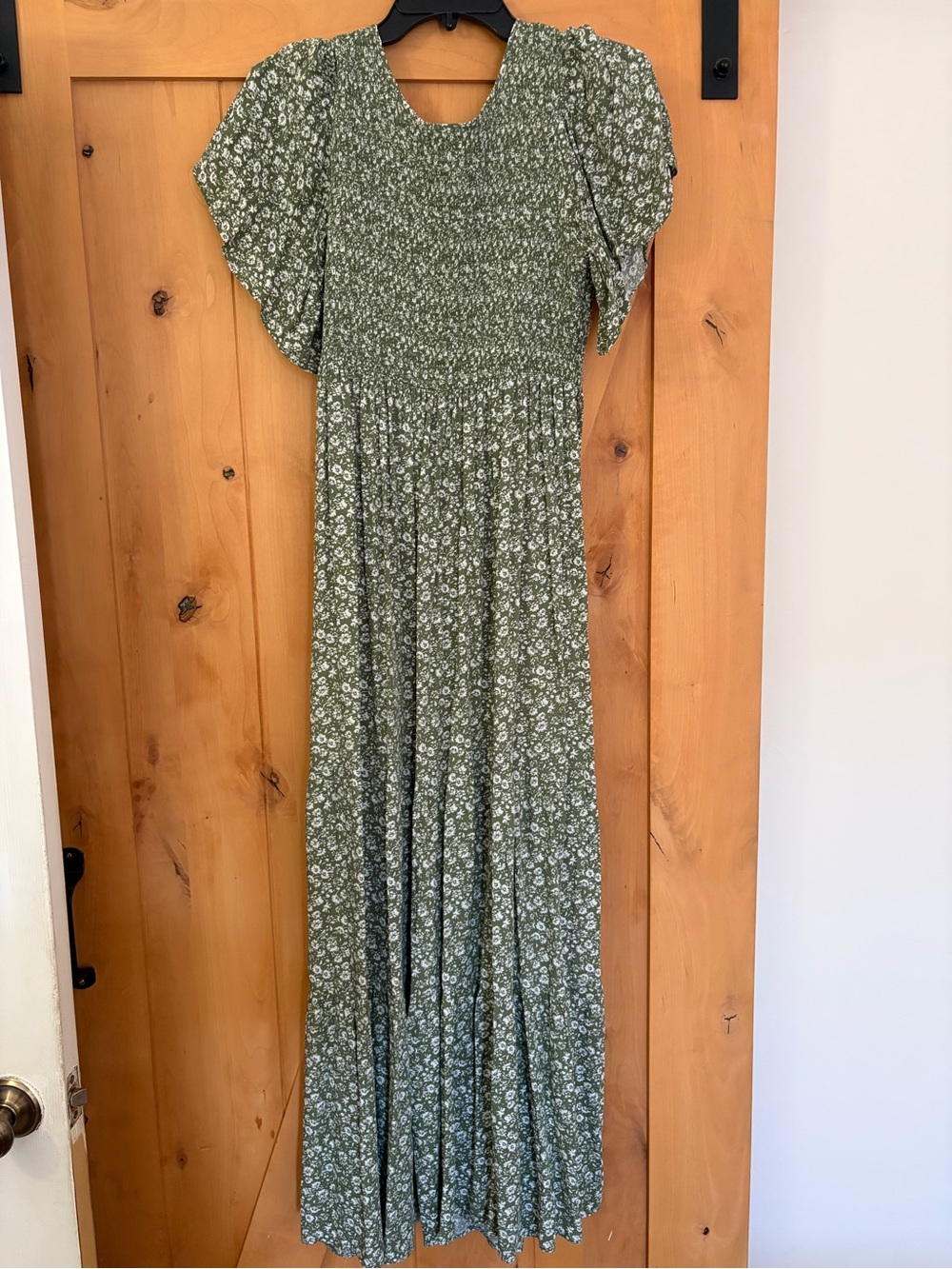 Smocked Olive Green Floral Maxi Dress